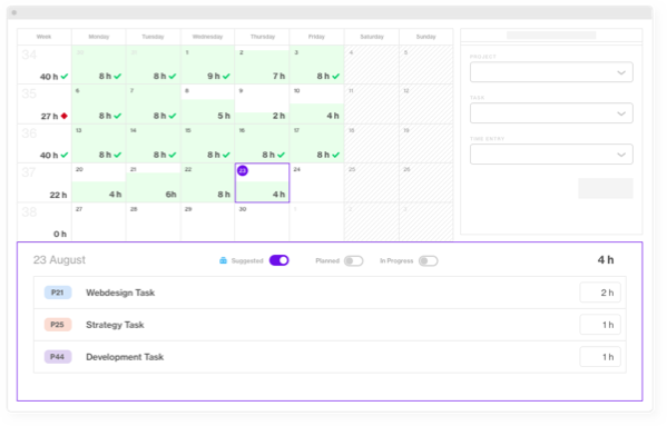 Forecast Timesheet with calendar and AI suggested tasks